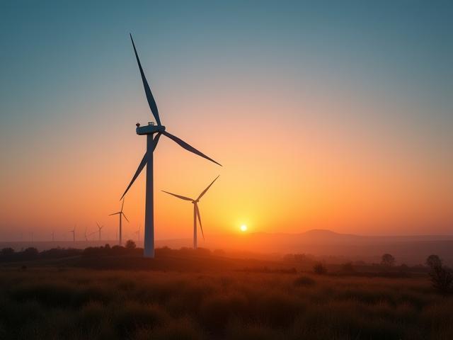 Windturbine op landelijke locatie bij zonsondergang