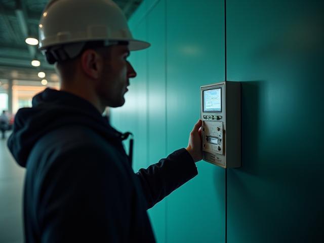 Technicus controleert energiemeter in modern kantoorgebouw