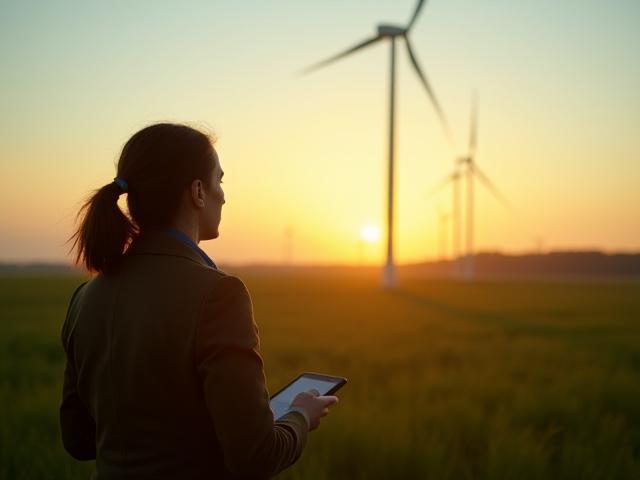 Consultant wijst naar windturbine op de achtergrond