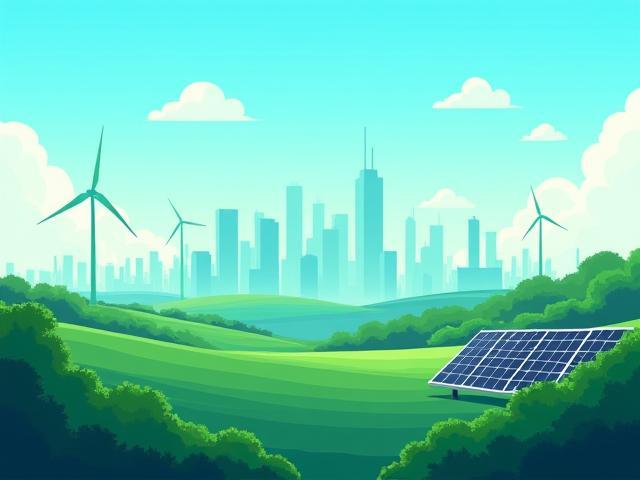 Illustratie van zonnepanelen en windmolens bij de Eindhoven skyline met een groene energie sfeer