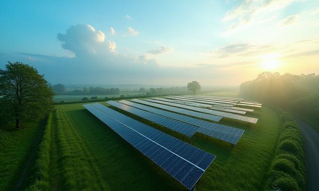 Overzicht zonnepark project met zonnepanelen in het veld
